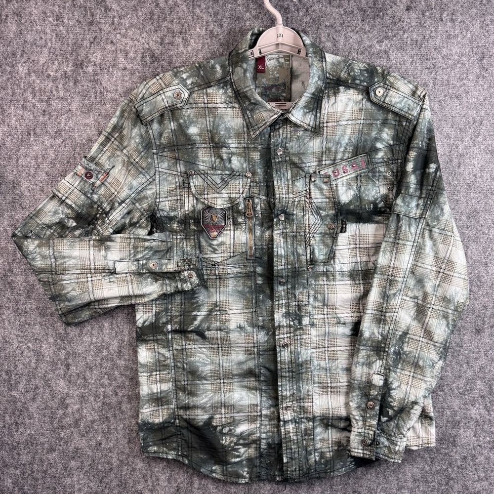 F.U.S.A.I Men's XL Utility Button Up Shirt Military‎ Plaid Cotton Streetwear